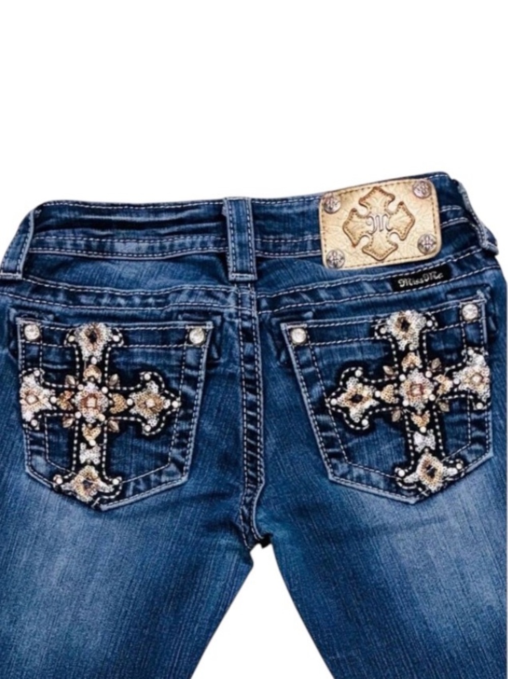 Miss Me Skinny Stretch Denim Jeans 24x31 Low Rise Embroidered Cross Pockets EUC
